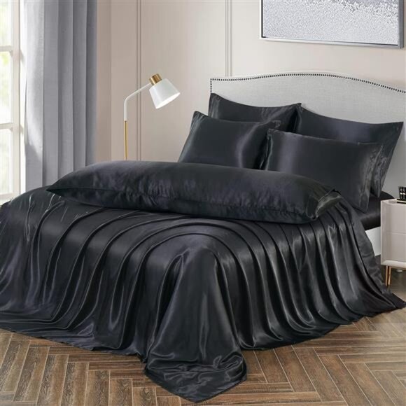 7 Pieces Satin Sheets Set Full Size, Luxury Silky Black Satin Bed Sheets Set - Picture 1 of 8